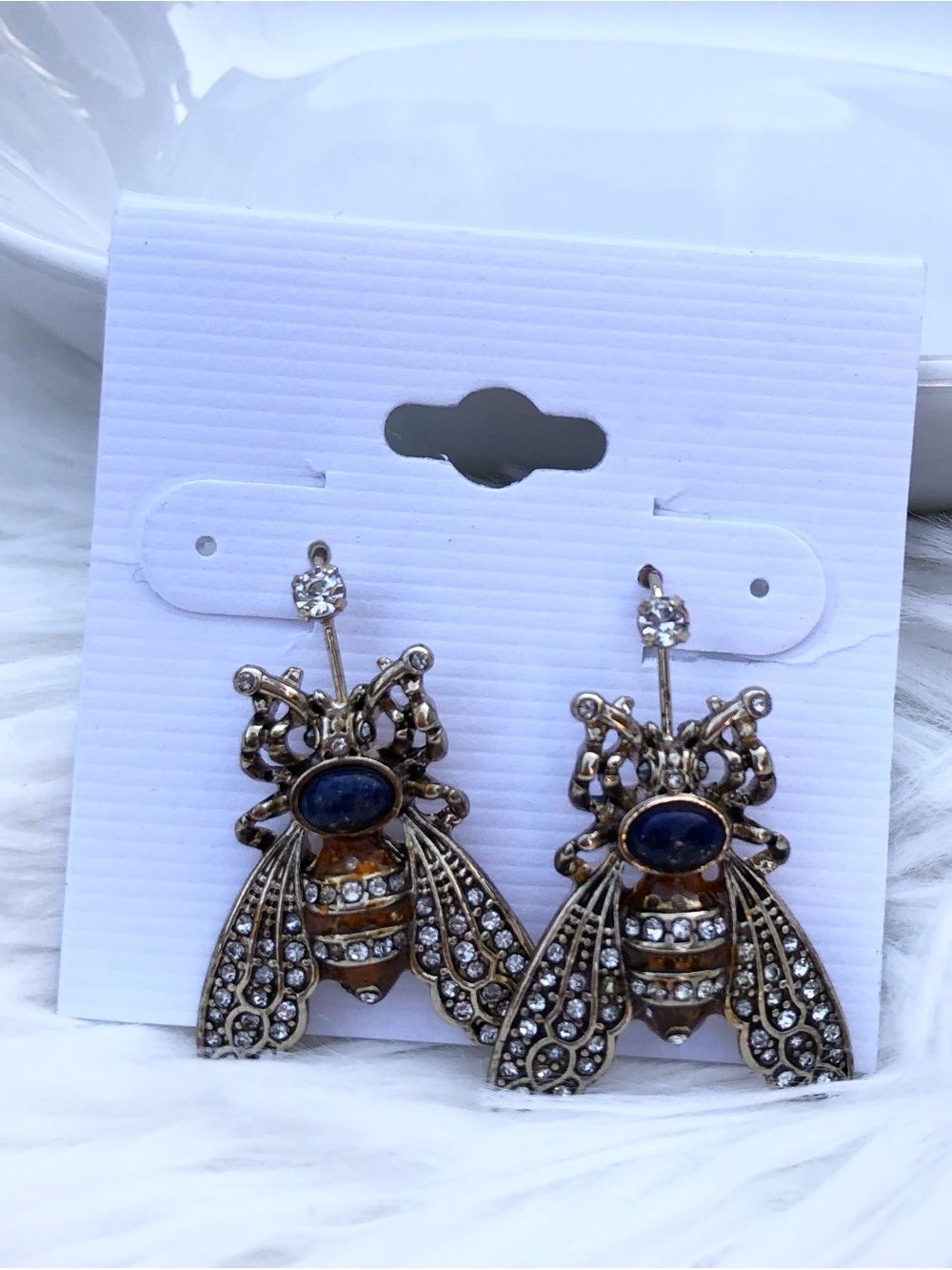 Crystal Bee Drop Earrings with Blue and Amber Stones